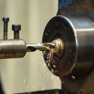 Shaft being machined on a CNC lathe