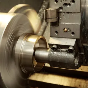 Brass part being turned on a CNC lathe